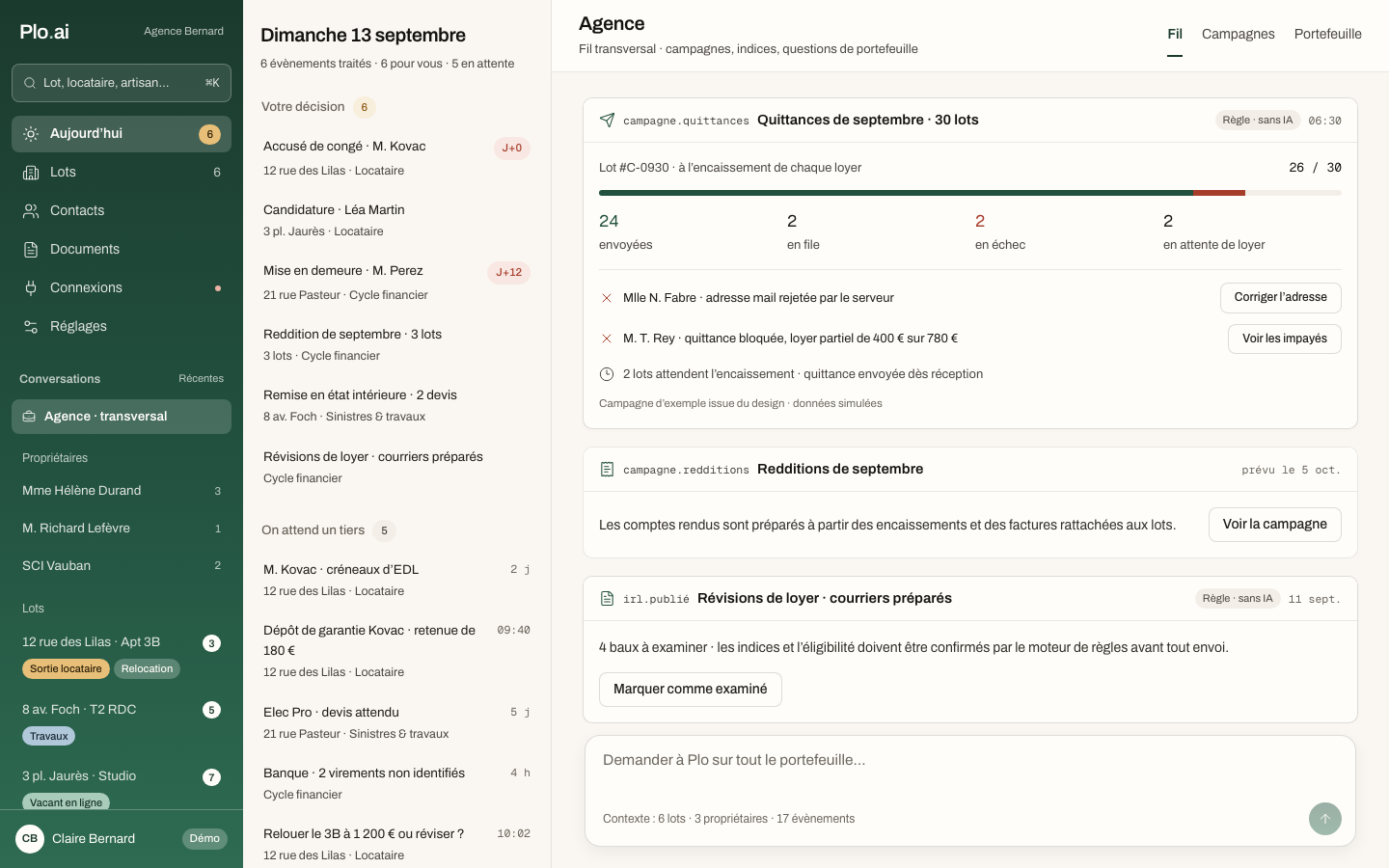 Vue agence de Ploveo avec les décisions du jour et le fil du portefeuille